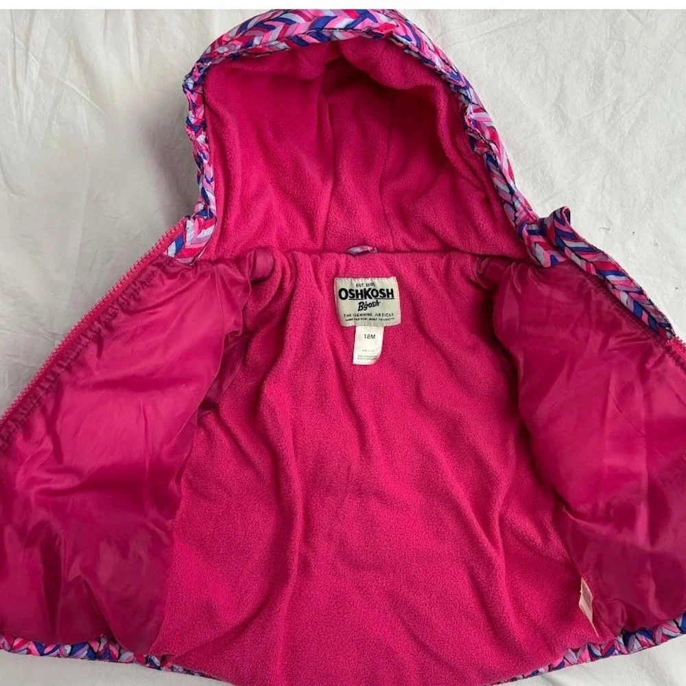 OshKosh B'gosh Girls 18 Mos‎ Puffer Jacket Pink Blue Chevron Zip Hooded